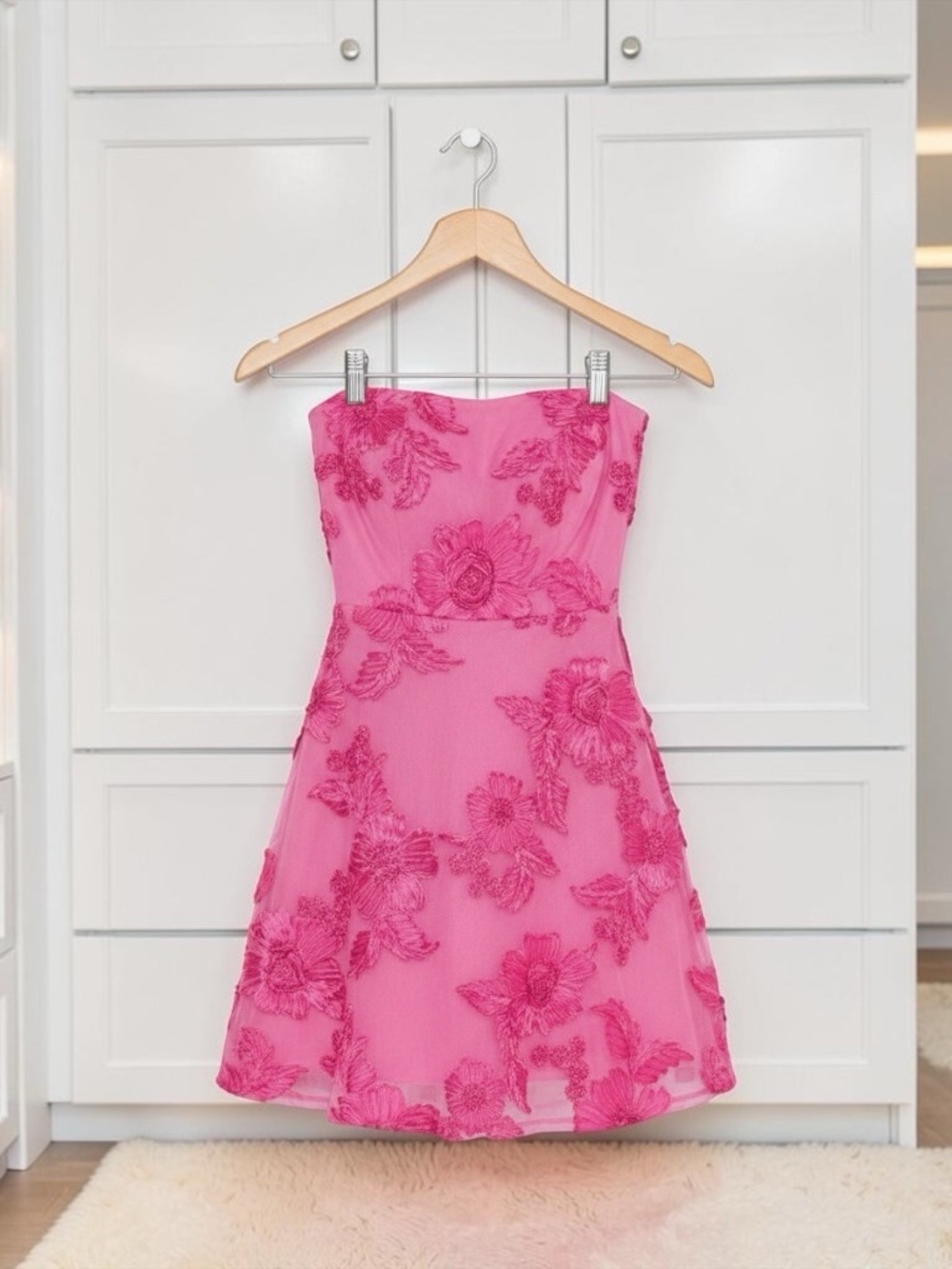 Pink 3D Floral Strapless Mini Dress | A-Line Mesh Tube Party Dress